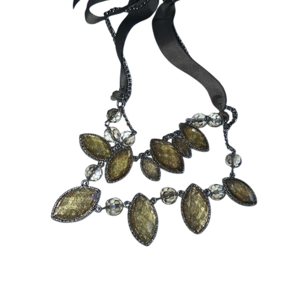 Chico's Gold Leaf Design Statement Necklace with Satin Ribbon Tie